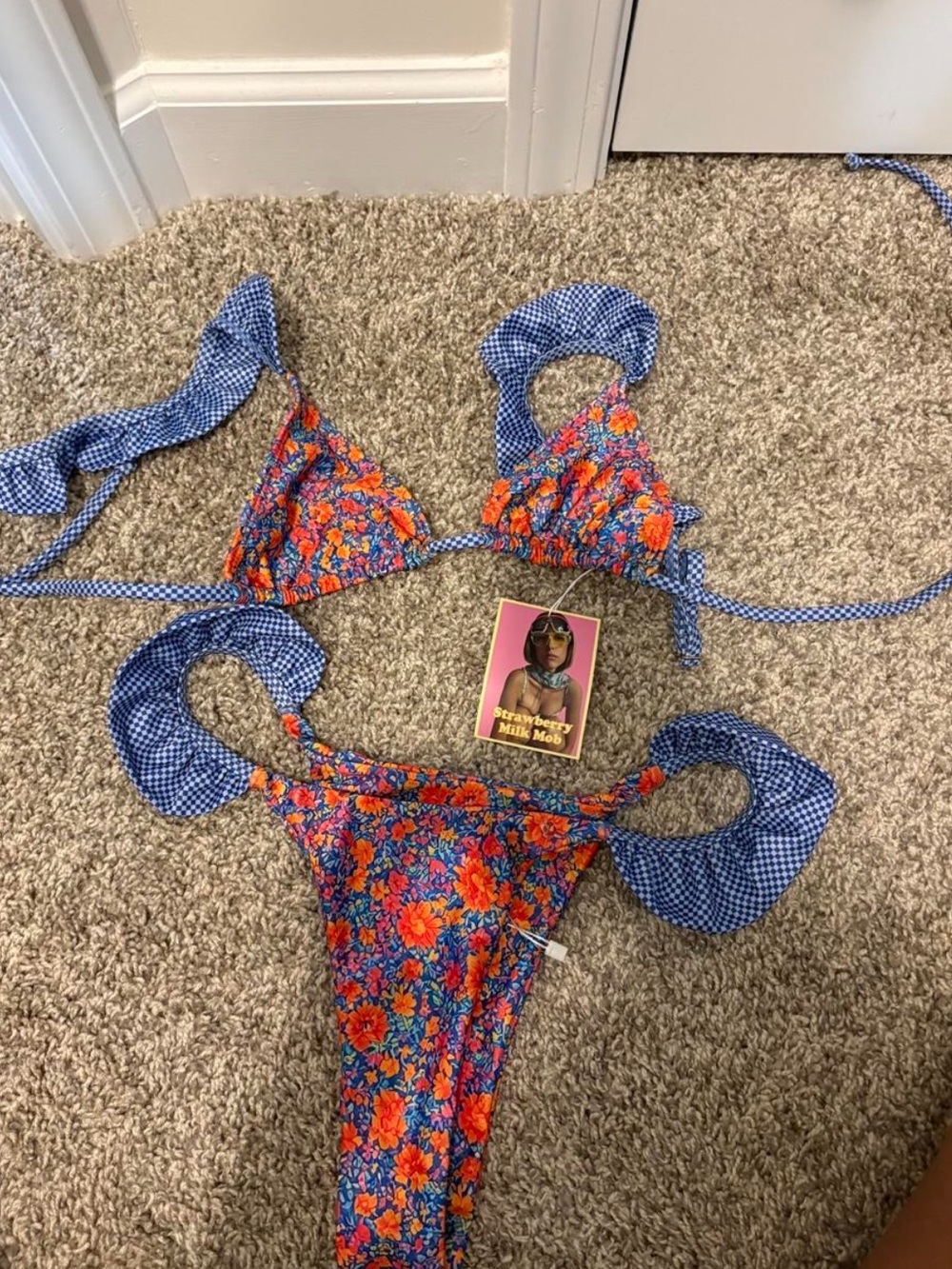 Strawberry Milk Mob Orange Floral on Blue Ruffle Bikini